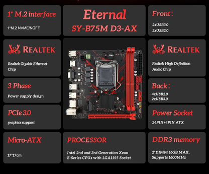 SOYO B75M DDR3 AX Motherboard I5 2400CPU 16G RAM=8G*2 Intel  LGA1155 Kit xeon Computer com Game Mainboard PCIE3.0x8 M.2 SATA2.0