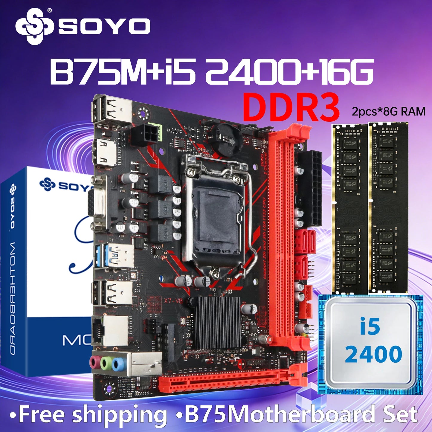 SOYO B75M DDR3 AX Motherboard I5 2400CPU 16G RAM=8G*2 Intel  LGA1155 Kit xeon Computer com Game Mainboard PCIE3.0x8 M.2 SATA2.0